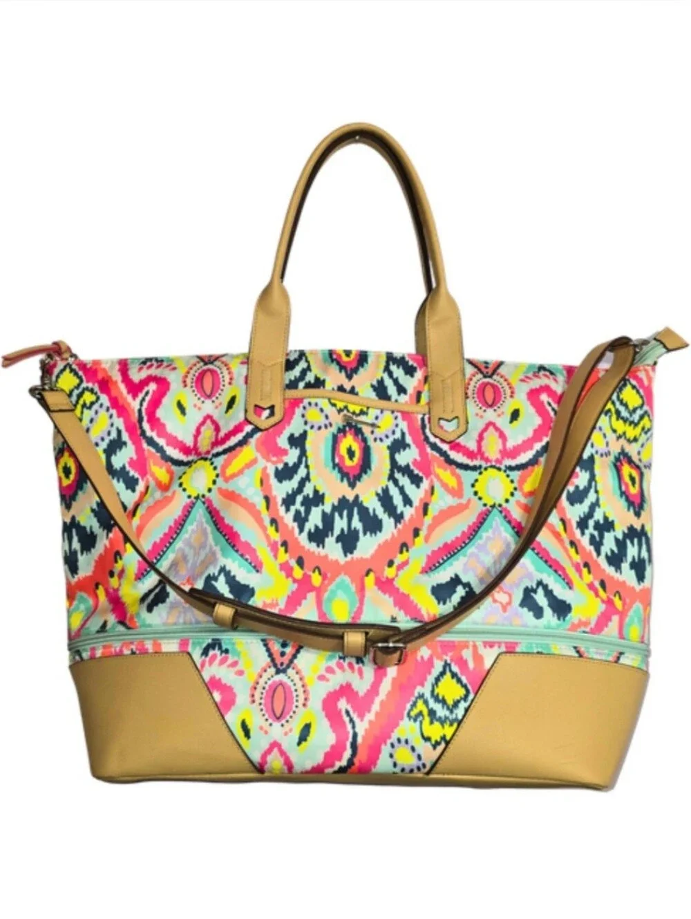 Multicolor Ikat Pattern Weekender Tote Bag with Tan Trim